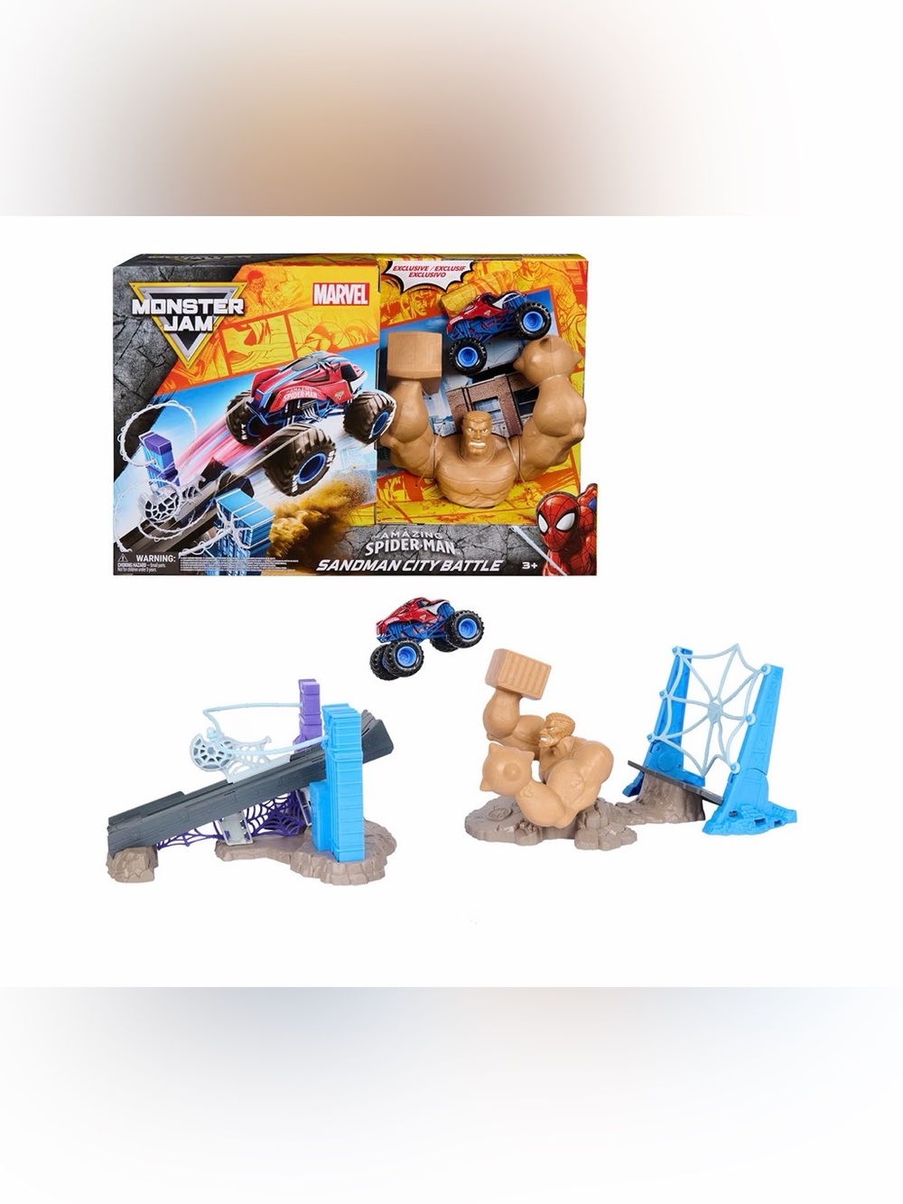 Monster Jam Sandman City Battle Playset with Spiderman Monster Truck
